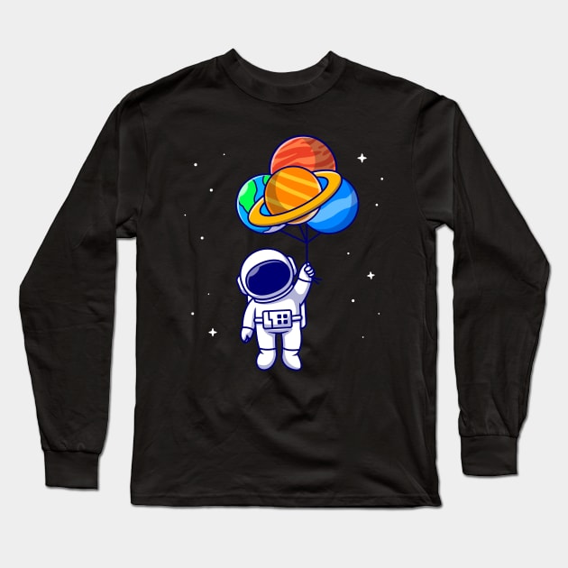 Cute Astronaut Floating With Planet balloons In Space  Cartoon Long Sleeve T-Shirt by Catalyst Labs